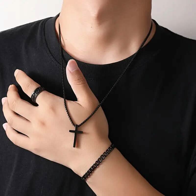 3-Piece Set: Fashion Versatile Dark Cross Stainless Steel Jewelry
