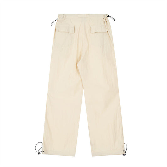 Wrinkled Casual Straight Cargo Pants Men's American Loose Solid Color Thin Sports Drawstring Cuffed Long Trousers