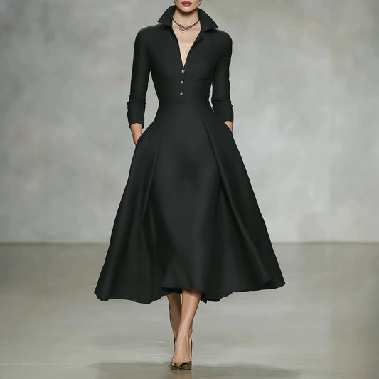 V-Neck Waist-Cinching Long Sleeve Midi Dress