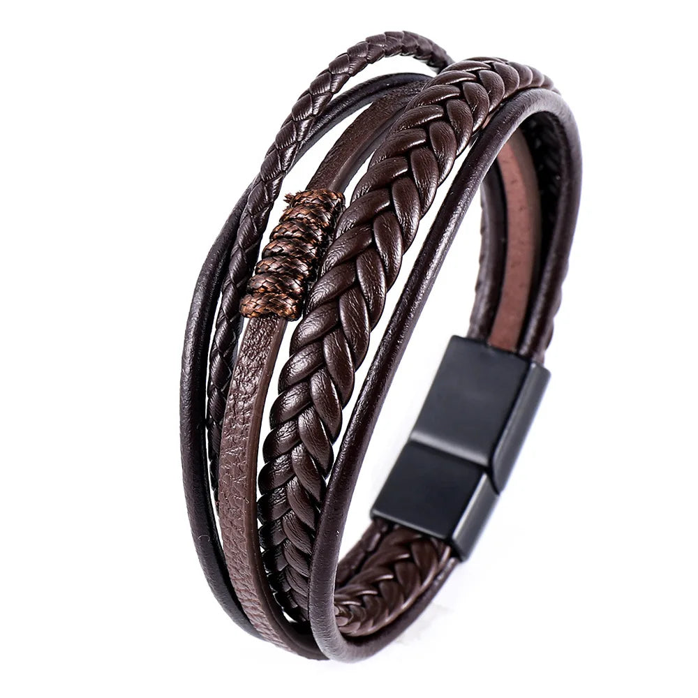 Multi Layer Braided Rope Bracelet for Men | Classic Handmade PU Leather Wristband with Magnetic Buckle