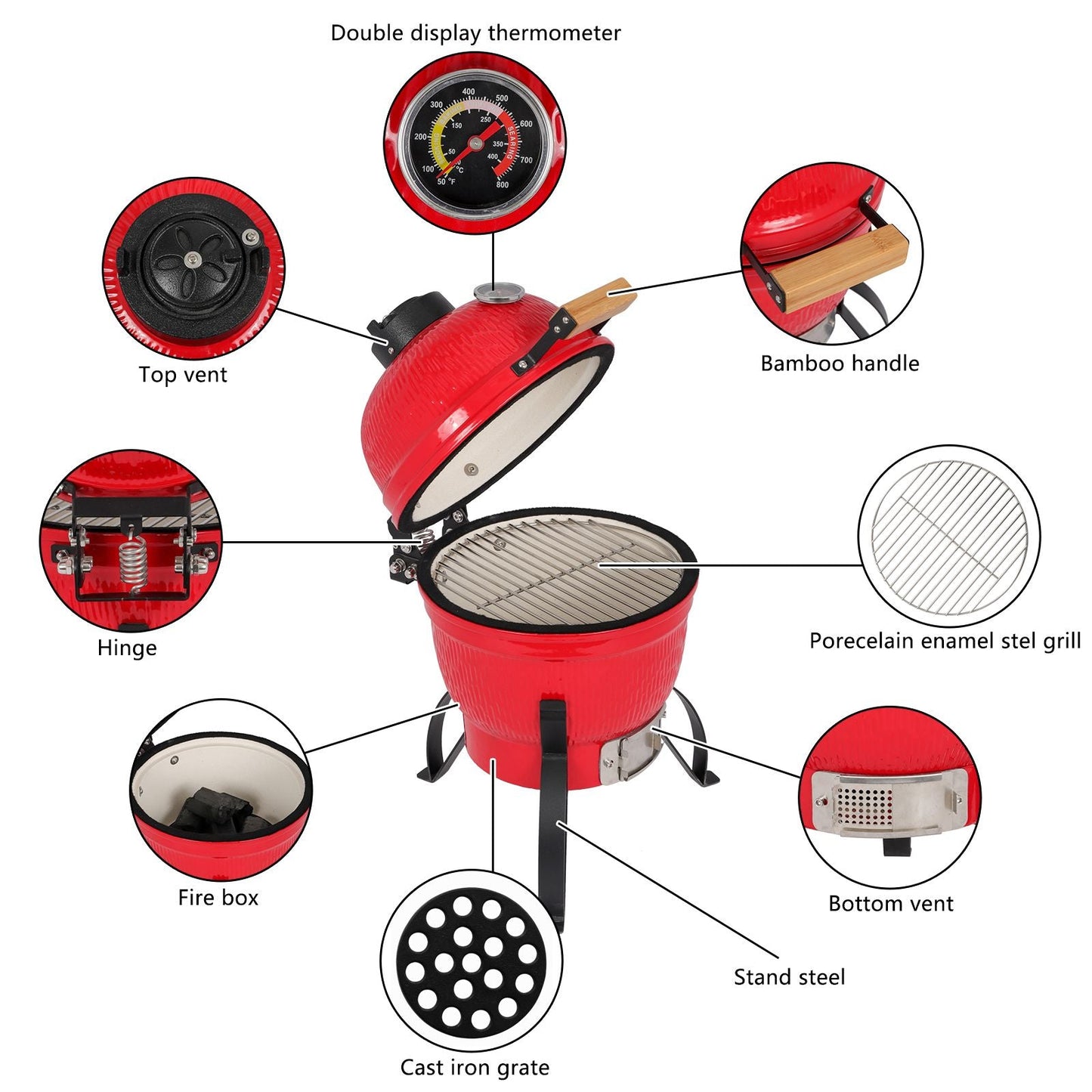 13" Ceramic Charcoal Grill XH β Compact Kamado-Style Outdoor Cooker