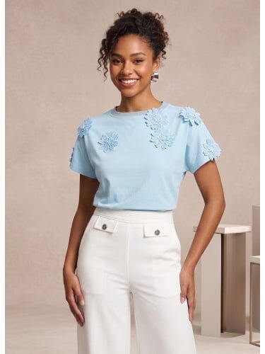 Flower Applique Solid Color T-Shirt