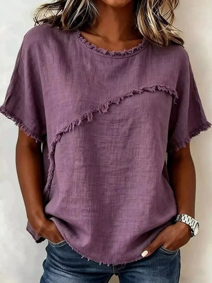 Full Size Frayed Hem Short Sleeve Top Plus Size