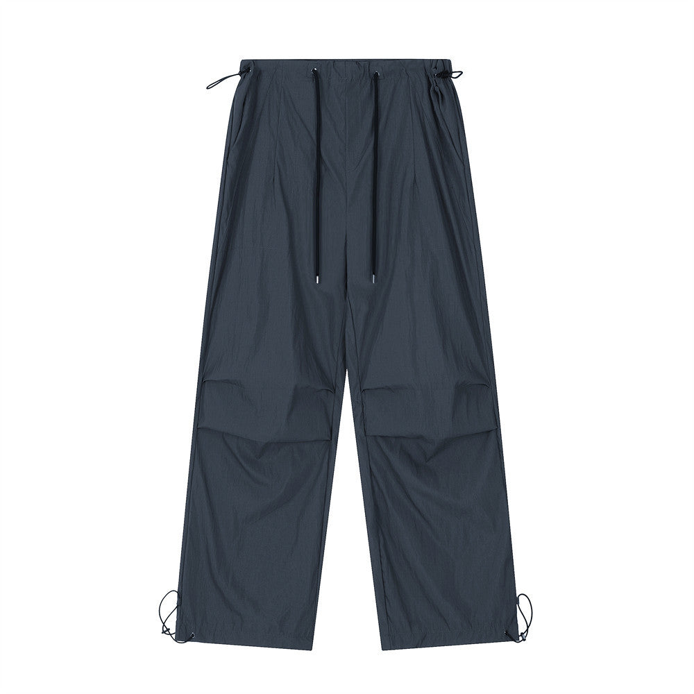 Wrinkled Casual Straight Cargo Pants Men's American Loose Solid Color Thin Sports Drawstring Cuffed Long Trousers