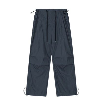 Wrinkled Casual Straight Cargo Pants Men's American Loose Solid Color Thin Sports Drawstring Cuffed Long Trousers