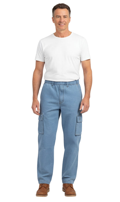 Men's Pull-On Jeans with Double Cargo Pockets — Lightweight Easy Fit