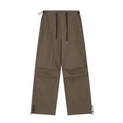 Wrinkled Casual Straight Cargo Pants Men's American Loose Solid Color Thin Sports Drawstring Cuffed Long Trousers