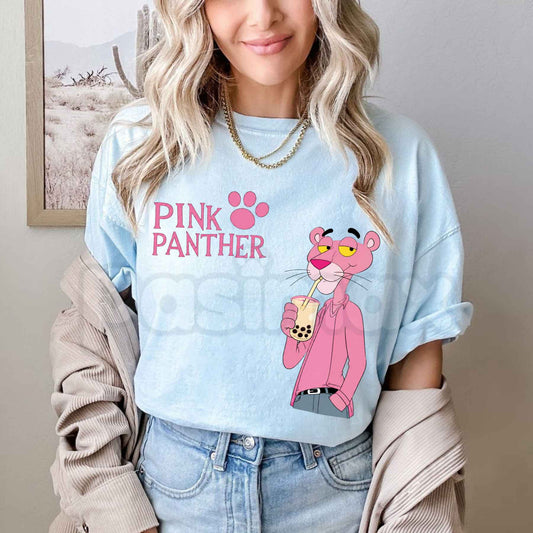 Pink Panther Bubble Tea Graphic T-Shirt – Cute Boba Cartoon Cotton Tee