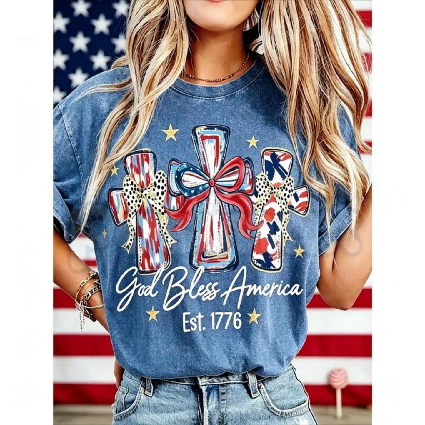 Women's God Bless America T-Shirt – Retro Patriotic 4th of July Graphic Tee, Vintage Washed Lightweight Cotton USA Country Pride Top
