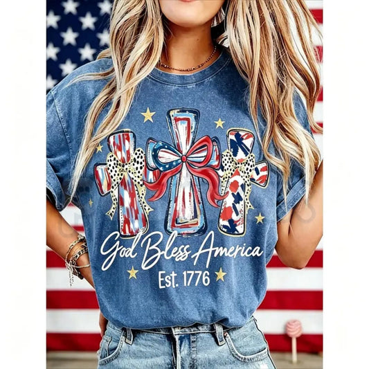 Women's God Bless America T-Shirt – Retro Patriotic 4th of July Graphic Tee, Vintage Washed Lightweight Cotton USA Country Pride Top