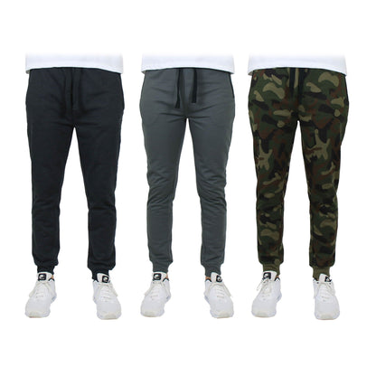 3-Pack: Men's Slim Fitting French Terry Jogger Lounge Pants with Zipper Pockets