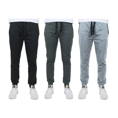 3-Pack: Men's Slim Fitting French Terry Jogger Lounge Pants with Zipper Pockets