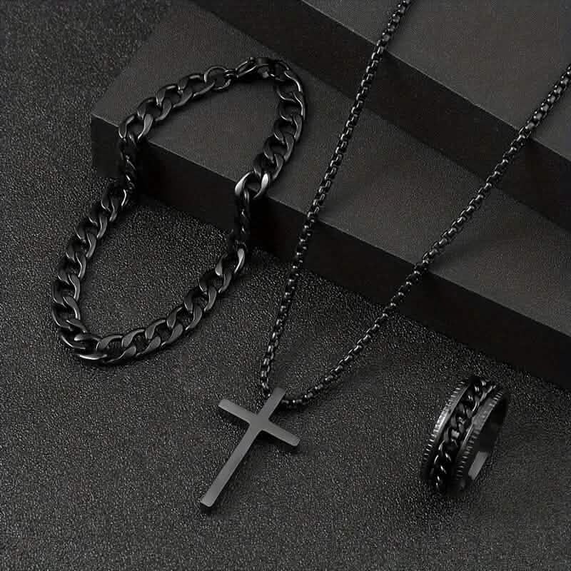 3-Piece Set: Fashion Versatile Dark Cross Stainless Steel Jewelry