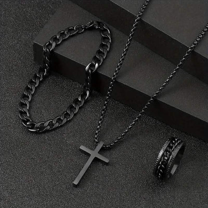 3-Piece Set: Fashion Versatile Dark Cross Stainless Steel Jewelry
