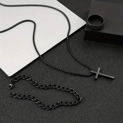 3-Piece Set: Fashion Versatile Dark Cross Stainless Steel Jewelry