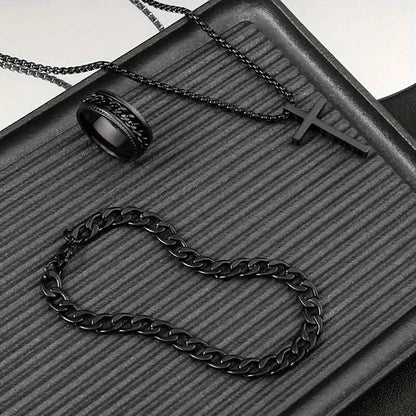 3-Piece Set: Fashion Versatile Dark Cross Stainless Steel Jewelry
