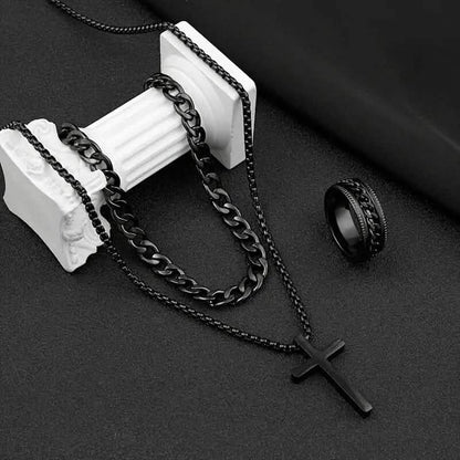 3-Piece Set: Fashion Versatile Dark Cross Stainless Steel Jewelry