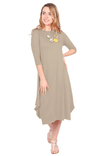 Flowing Midi Dress with 3/4 Sleeves and Dramatic Drape