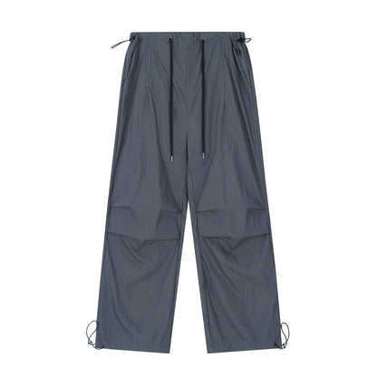 Wrinkled Casual Straight Cargo Pants Men's American Loose Solid Color Thin Sports Drawstring Cuffed Long Trousers