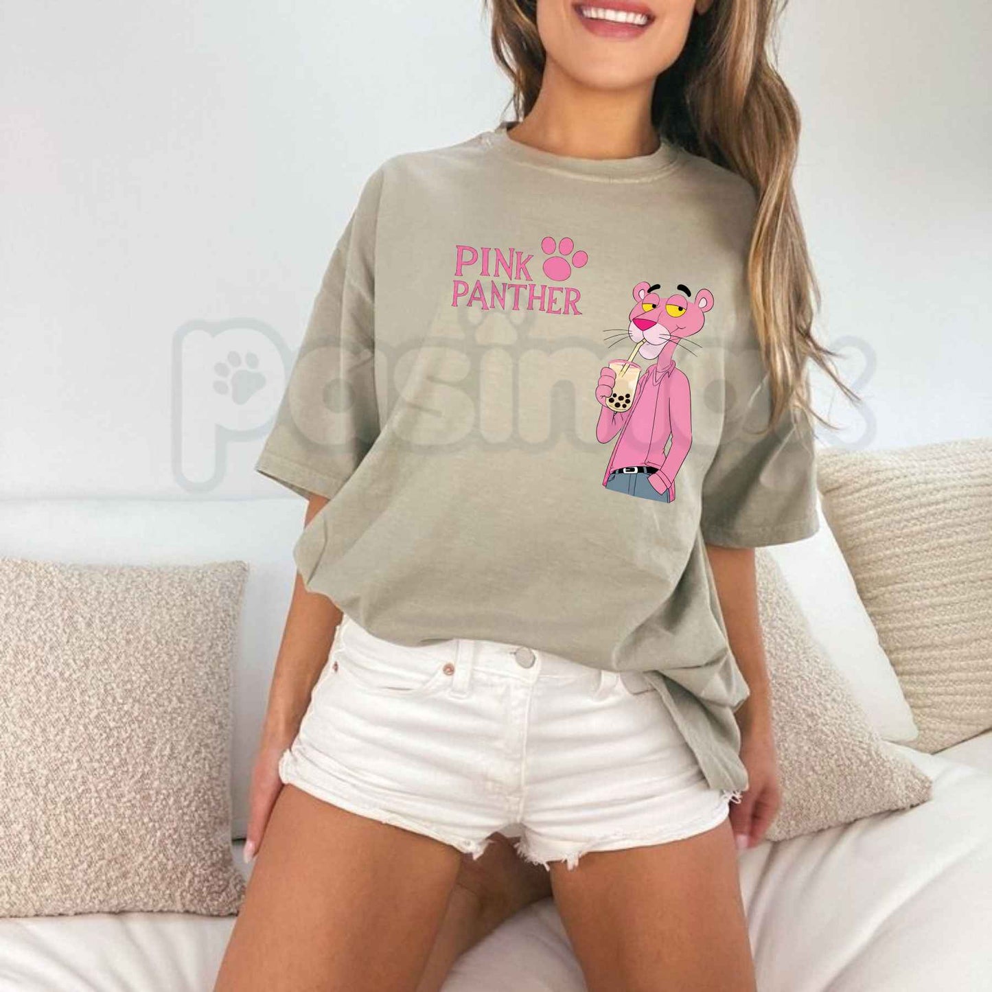 Pink Panther Bubble Tea Graphic T-Shirt – Cute Boba Cartoon Cotton Tee
