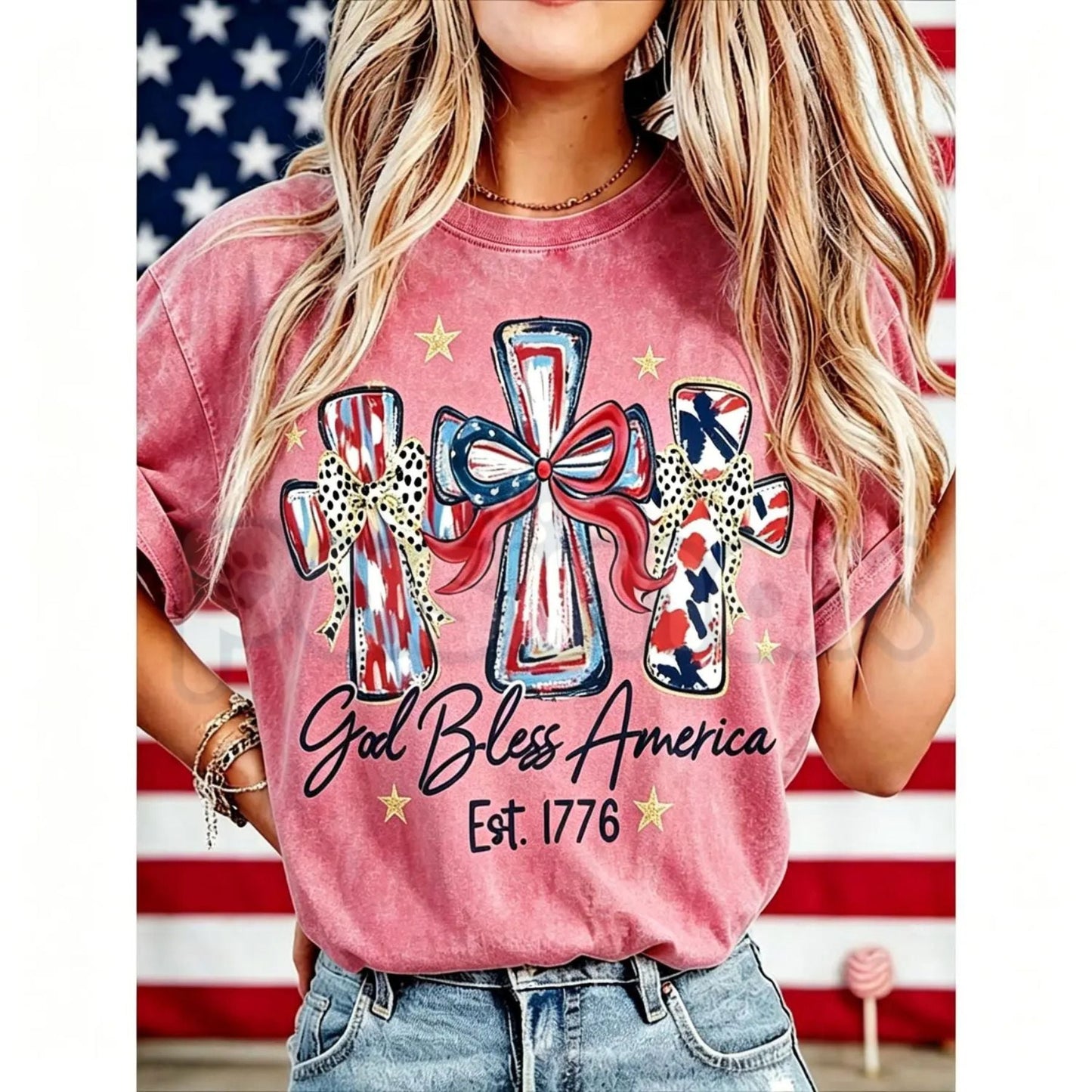 Women's God Bless America T-Shirt – Retro Patriotic 4th of July Graphic Tee, Vintage Washed Lightweight Cotton USA Country Pride Top