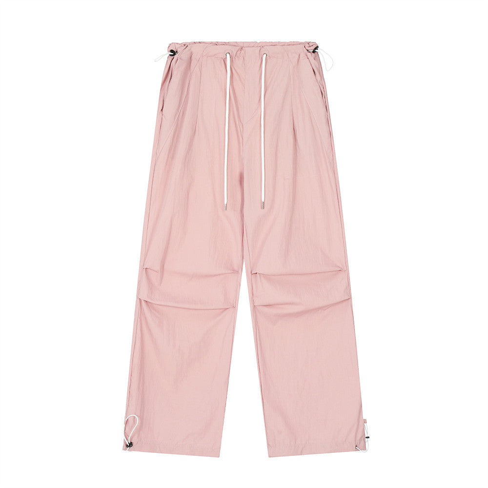 Wrinkled Casual Straight Cargo Pants Men's American Loose Solid Color Thin Sports Drawstring Cuffed Long Trousers