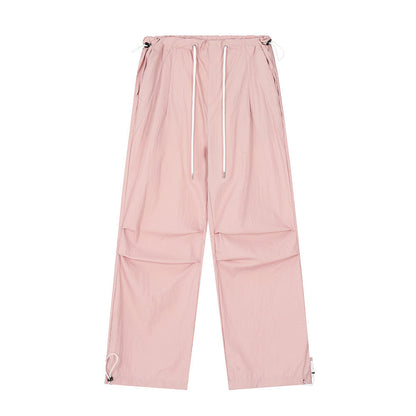 Wrinkled Casual Straight Cargo Pants Men's American Loose Solid Color Thin Sports Drawstring Cuffed Long Trousers
