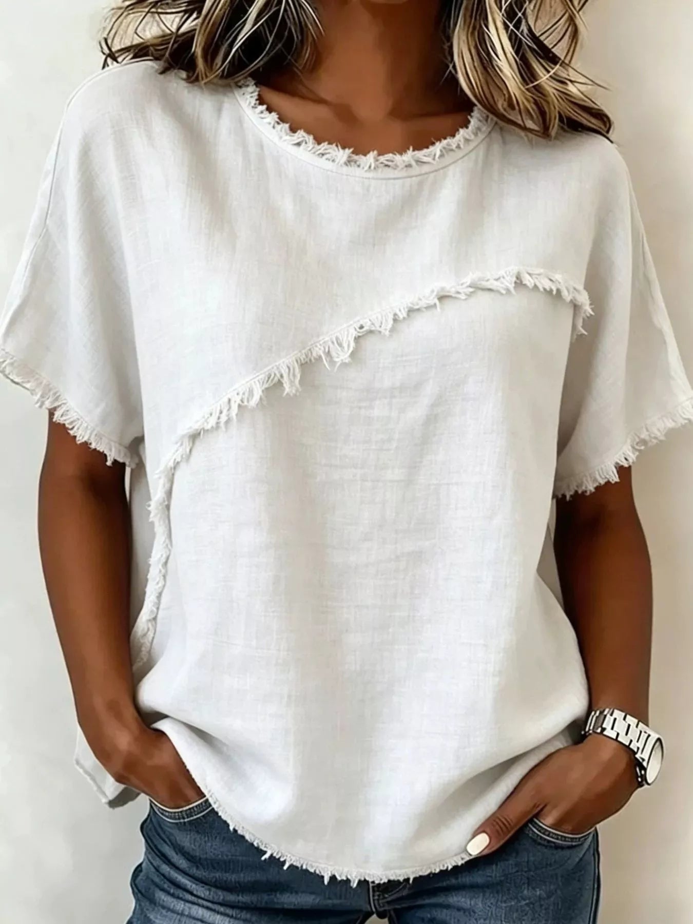 Full Size Frayed Hem Short Sleeve Top Plus Size