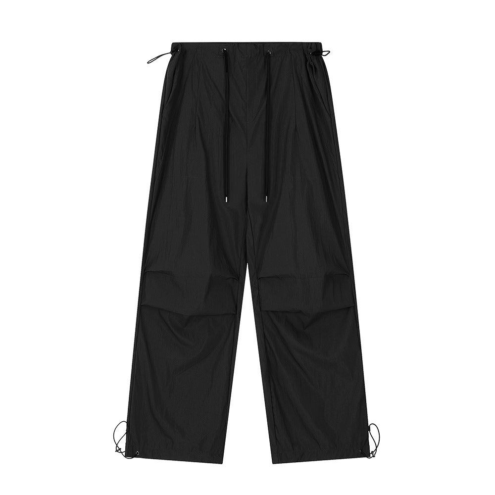 Wrinkled Casual Straight Cargo Pants Men's American Loose Solid Color Thin Sports Drawstring Cuffed Long Trousers