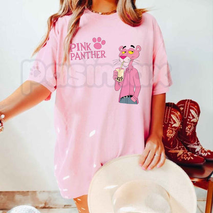 Pink Panther Bubble Tea Graphic T-Shirt – Cute Boba Cartoon Cotton Tee
