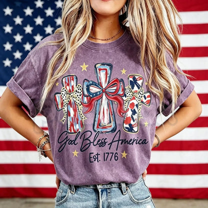 Women's God Bless America T-Shirt – Retro Patriotic 4th of July Graphic Tee, Vintage Washed Lightweight Cotton USA Country Pride Top
