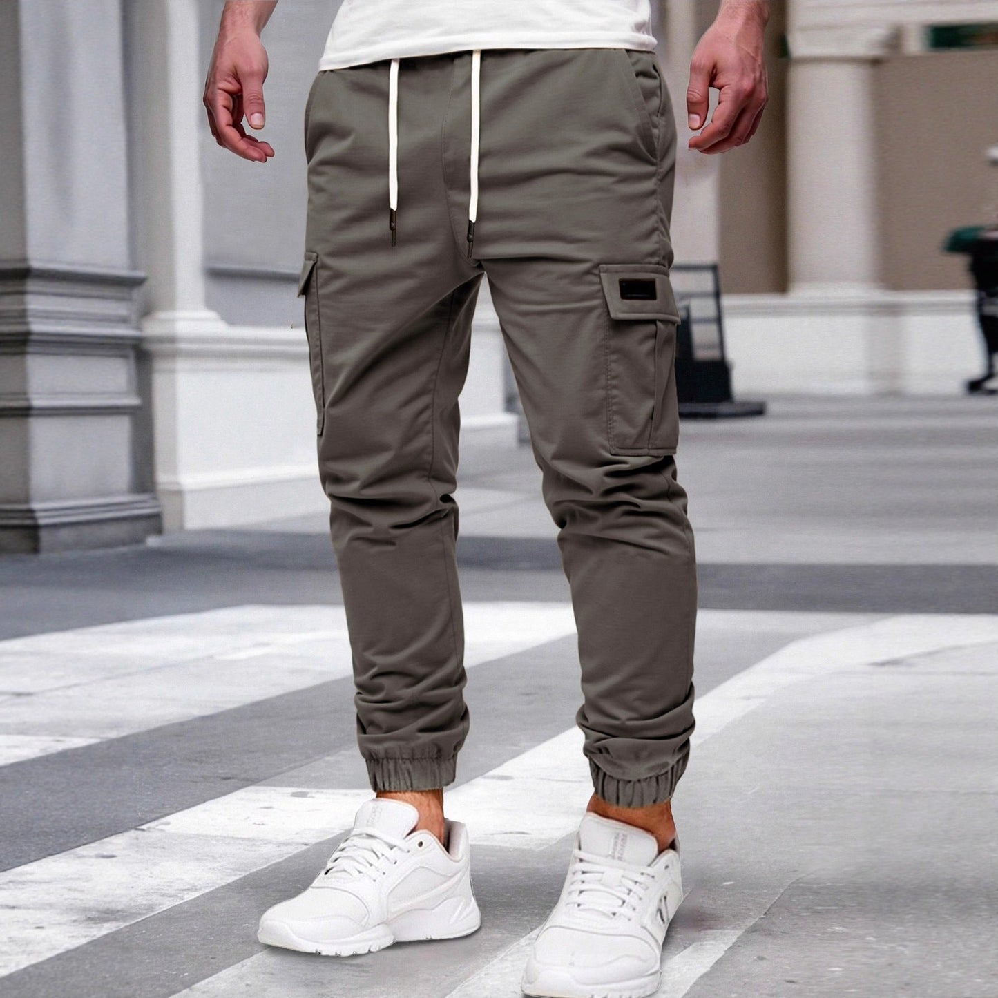 Mens Solid-color Work Pants With Drawstring Elastic Cuffs