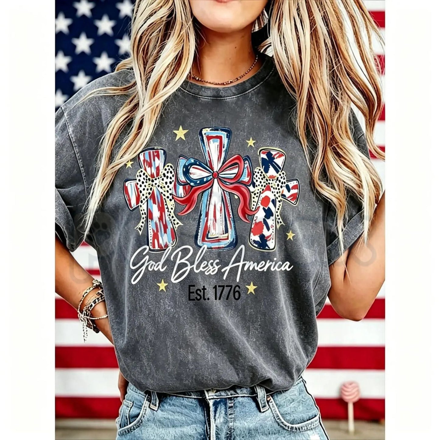 Women's God Bless America T-Shirt – Retro Patriotic 4th of July Graphic Tee, Vintage Washed Lightweight Cotton USA Country Pride Top