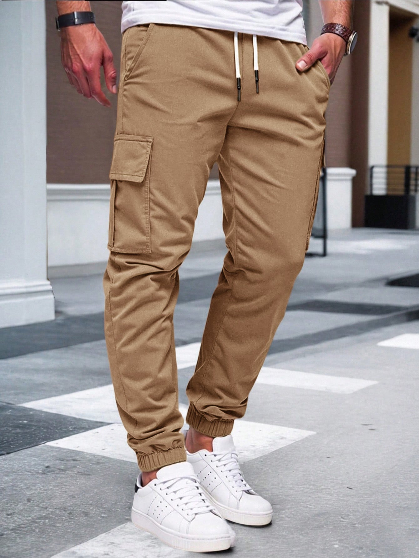 Mens Solid-color Work Pants With Drawstring Elastic Cuffs