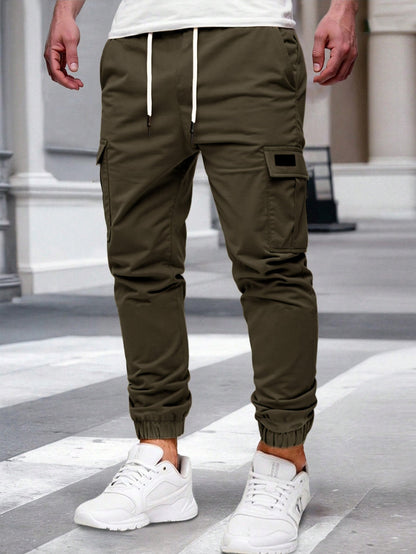 Mens Solid-color Work Pants With Drawstring Elastic Cuffs