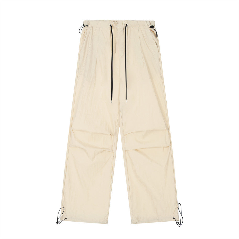 Wrinkled Casual Straight Cargo Pants Men's American Loose Solid Color Thin Sports Drawstring Cuffed Long Trousers