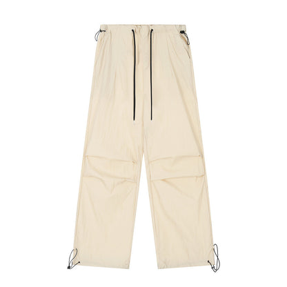 Wrinkled Casual Straight Cargo Pants Men's American Loose Solid Color Thin Sports Drawstring Cuffed Long Trousers