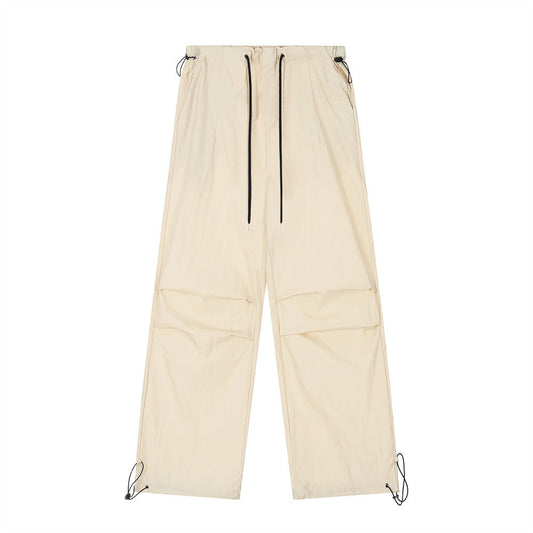 Wrinkled Casual Straight Cargo Pants Men's American Loose Solid Color Thin Sports Drawstring Cuffed Long Trousers