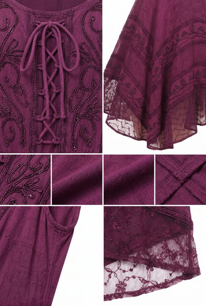Sakkas Sundara Stonewashed Rayon Embroidered Mid Length Dress