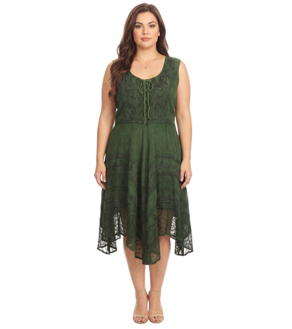 Sakkas Sundara Stonewashed Rayon Embroidered Mid Length Dress