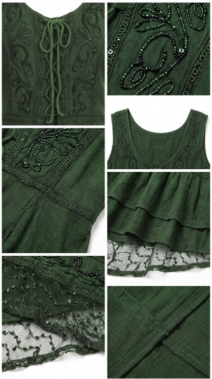 Sakkas Sundara Stonewashed Rayon Embroidered Mid Length Dress