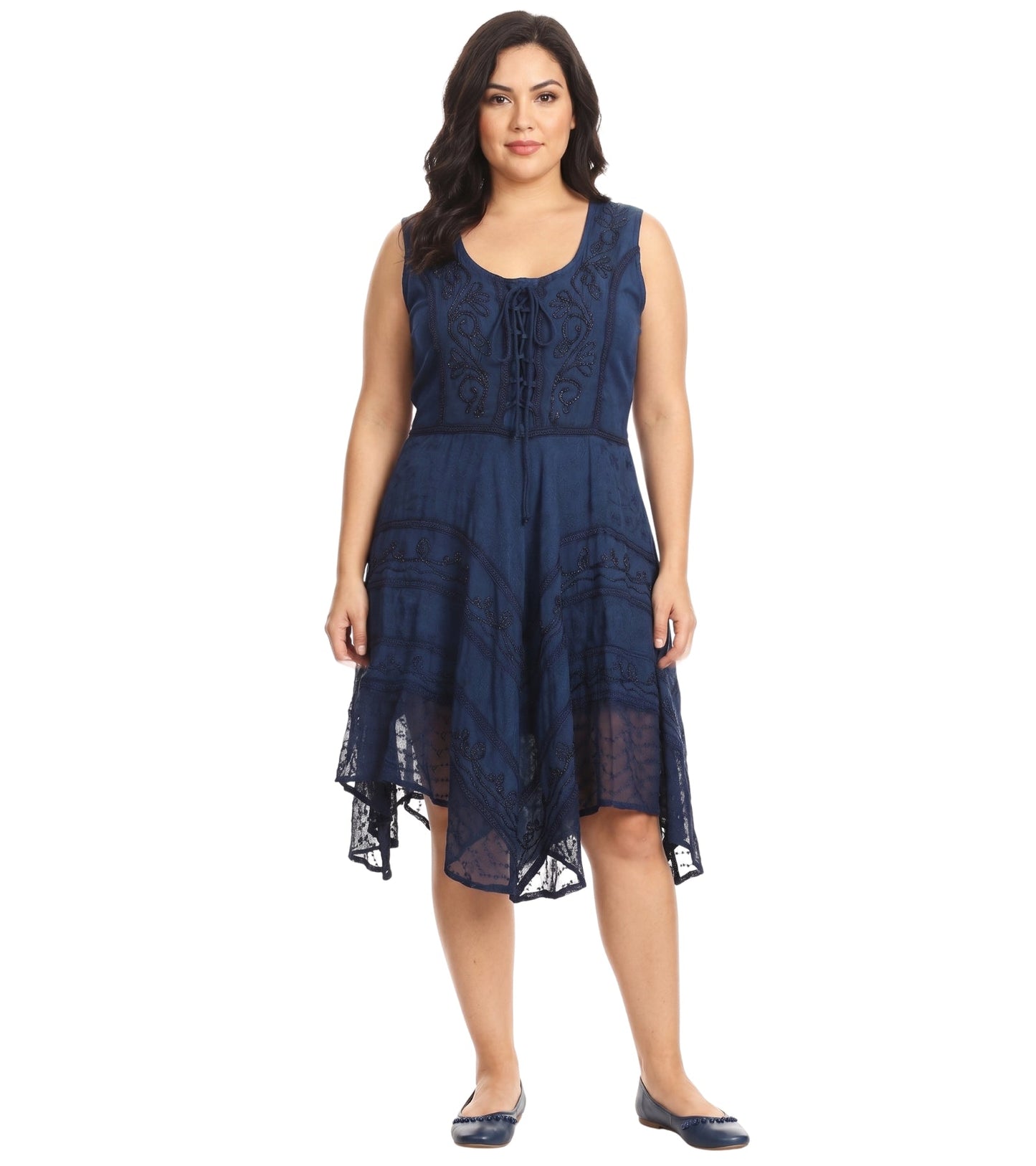 Sakkas Sundara Stonewashed Rayon Embroidered Mid Length Dress