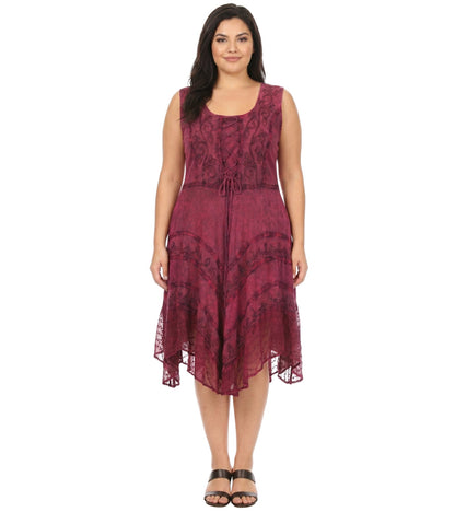 Sakkas Sundara Stonewashed Rayon Embroidered Mid Length Dress
