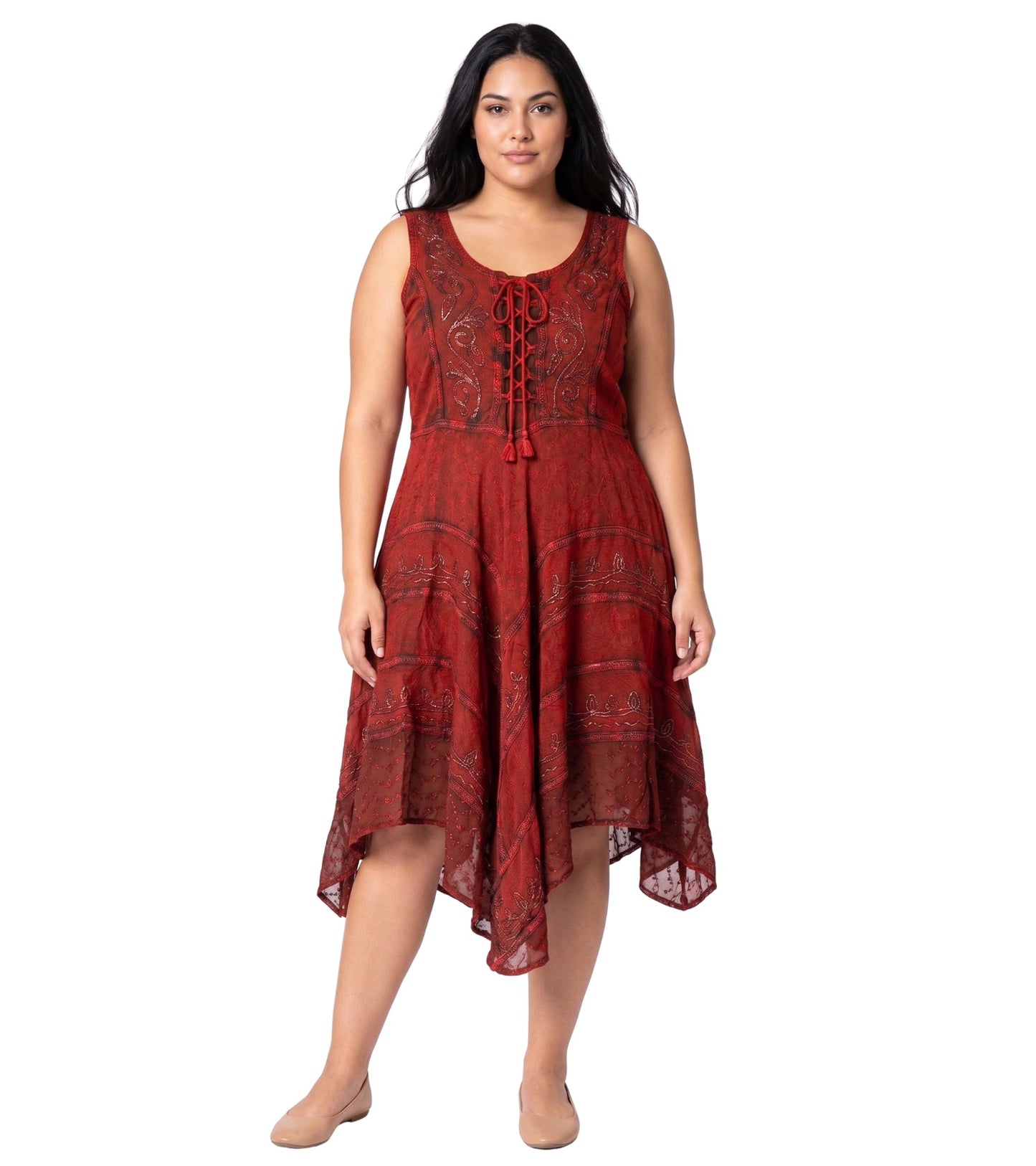 Sakkas Sundara Stonewashed Rayon Embroidered Mid Length Dress