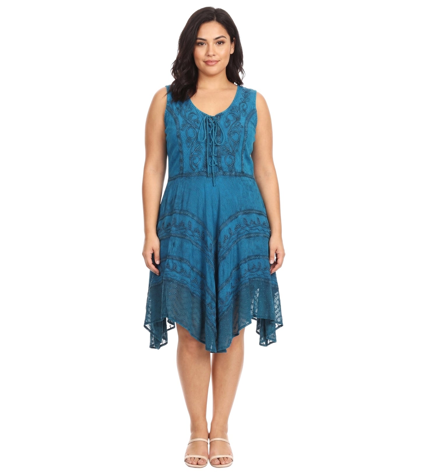 Sakkas Sundara Stonewashed Rayon Embroidered Mid Length Dress