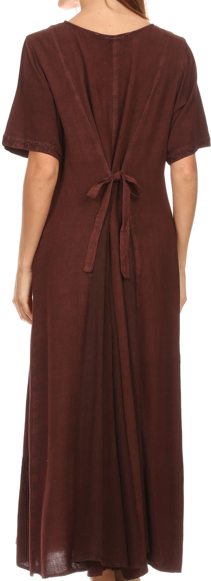 Sakkas Hailey Cap Sleeve Caftan Long Embroidered Stonewashed Dress