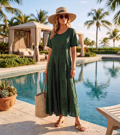 Sakkas Hailey Cap Sleeve Caftan Long Embroidered Stonewashed Dress