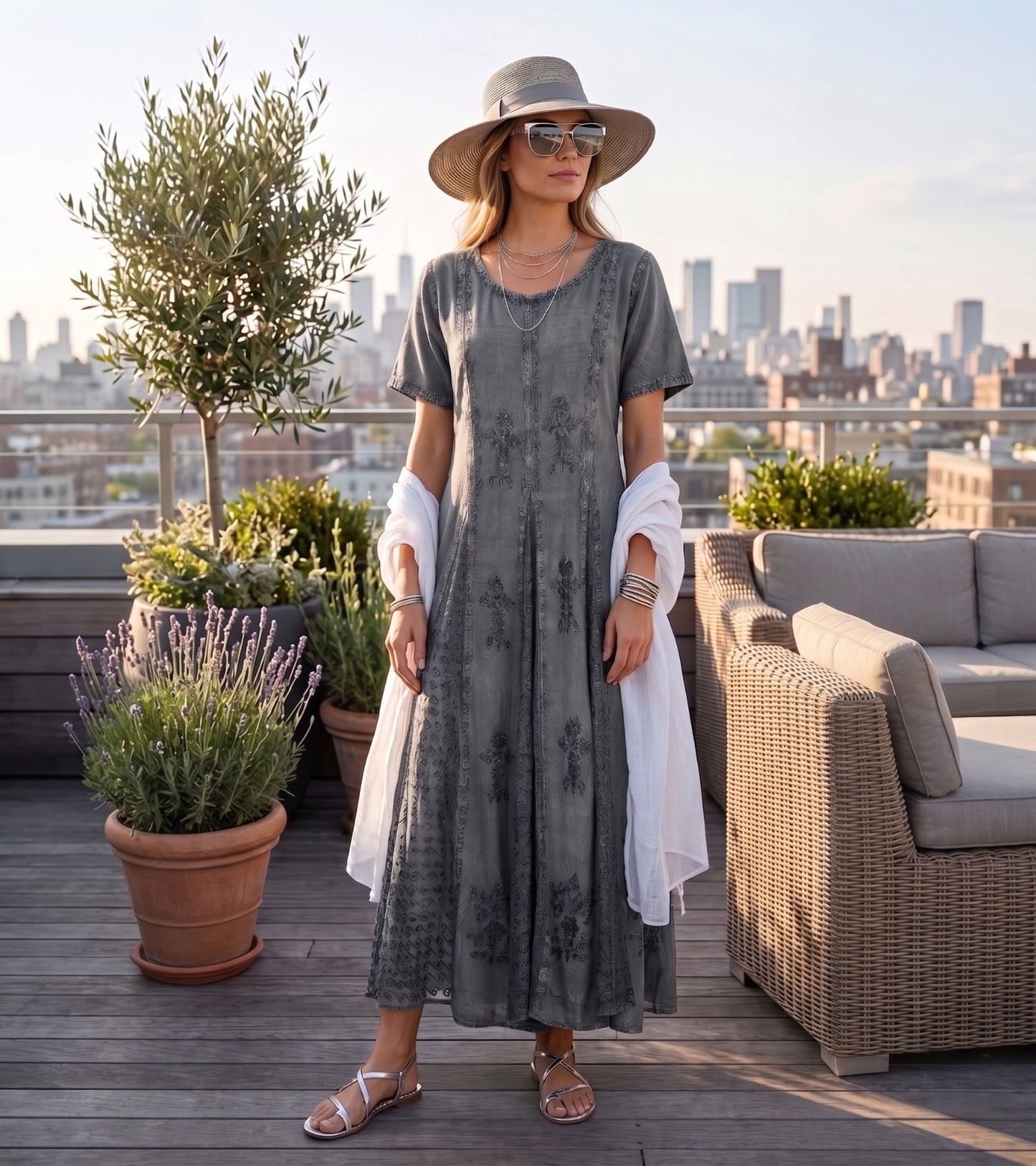 Sakkas Hailey Cap Sleeve Caftan Long Embroidered Stonewashed Dress