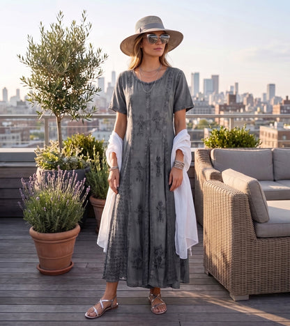 Sakkas Hailey Cap Sleeve Caftan Long Embroidered Stonewashed Dress