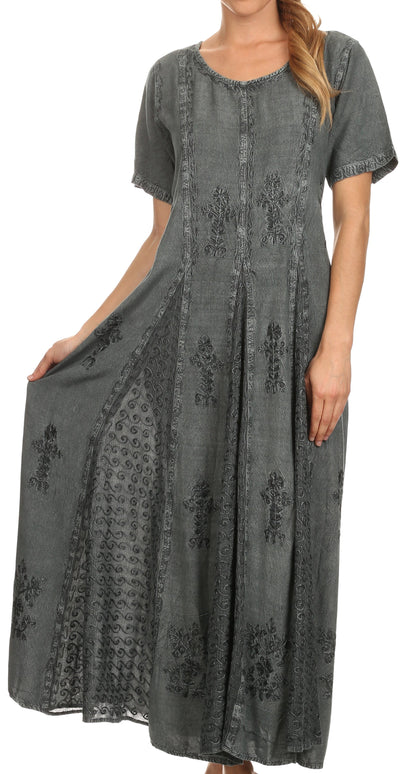 Sakkas Hailey Cap Sleeve Caftan Long Embroidered Stonewashed Dress